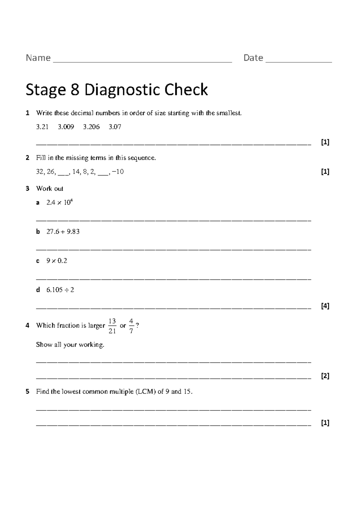 Year 8 Maths Diagnostic Test Stage 8 Check 1 Studocu
